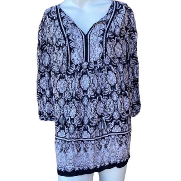 Max Studio Black White Paisley Boho Flowy Peasant Blouse Plus Size 1X - Picture 1 of 7